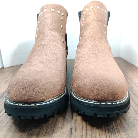 SEVEN7 Romanoff Waterproof Ankle Boot Faux Suede Brown Studs Neoprene Lug Sole - Picture 3 of 16